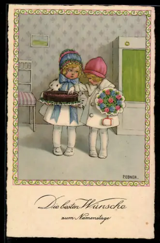 Künstler-AK Pauli Ebner: Mädchen gratulieren mit Torte und Blumenstrauss zum Namenstag