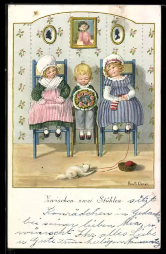 Künstler-AK Pauli Ebner: Junge mit Blumenstrauss sitzt zwischen zwei Mädchen, Katze