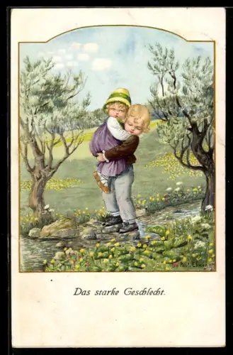 Künstler-AK Pauli Ebner: Das starke Geschlecht, Bruder trägt seine Schwester über den Fluss