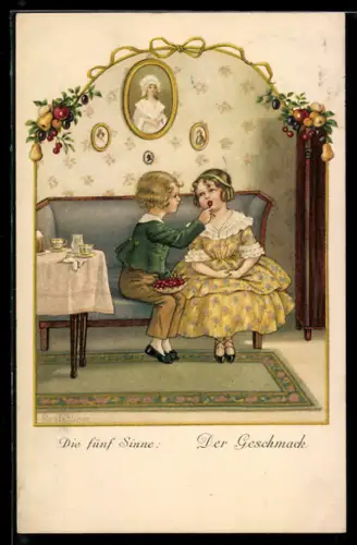Künstler-AK Pauli Ebner: Junge lässt das Mädchen von den süssen Kirschen probieren