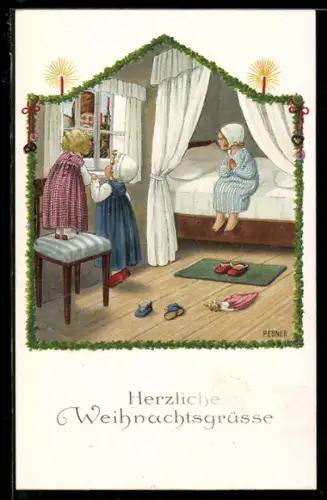 Künstler-AK Pauli Ebner: Kinder sehen den Weihnachtsmann zum Fenster hereingucken