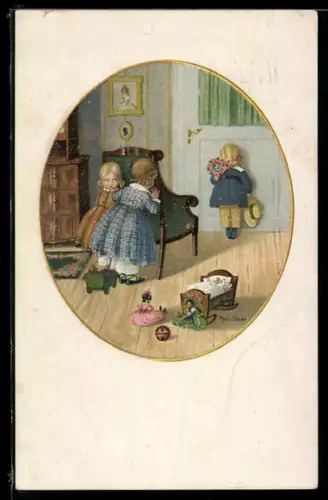 Künstler-AK Pauli Ebner: Mädchen verstecken sich hinter einem Stuhl vor einer Gratulantin, Puppen, Spielzeug