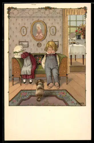 Künstler-AK Pauli Ebner: der erste Zwist, Kinder haben sich gestritten, Hund