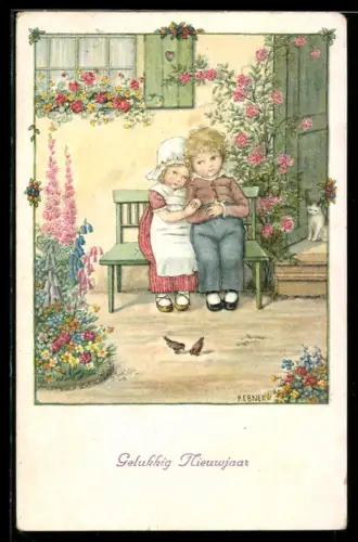 Künstler-AK Pauli Ebner: Junges Paar auf einer Bank vorm Haus sitzend