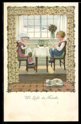 Künstler-AK Pauli Ebner: Kinder am Frühstückstisch mit weisser Katze