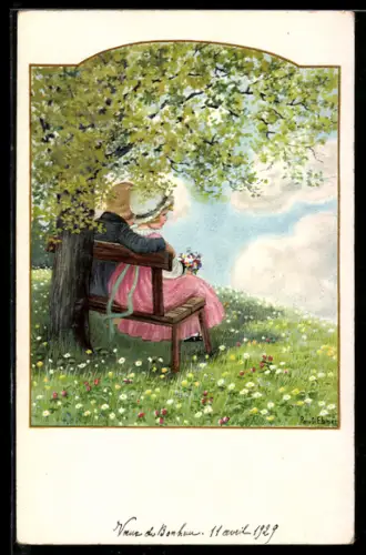 Künstler-AK Pauli Ebner: Junges Liebespaar sitzt auf der Bank auf der Blumenwiese