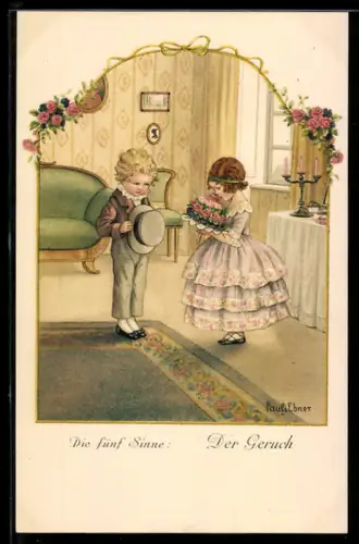 Künstler-AK Pauli Ebner: Die fünf Sinne, Der Geruch, Dame riecht am Blumengebinde