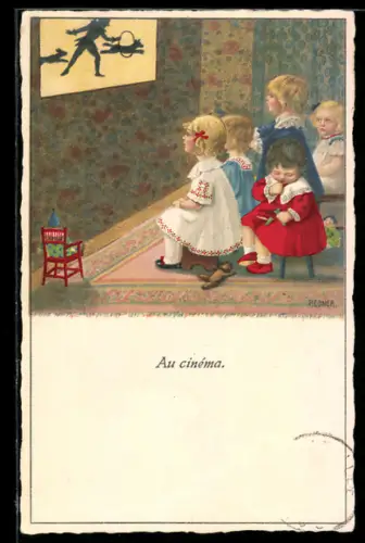 Künstler-AK Pauli Ebner: Im Kino, Kinder verfolgen ein Schattenspiel an der Wand