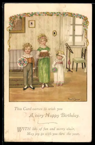 Künstler-AK Pauli Ebner: Kinder mit Blumen und Kuchen gratulieren