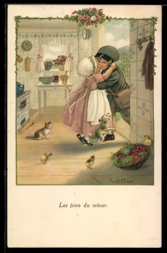 Künstler-AK Pauli Ebner: Junge Hausfrau begrüsst ihren wiederkehrenden Mann mit einem Kuss