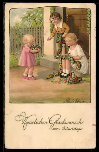 Künstler-AK Pauli Ebner: Kinder basteln Blumengirlanden