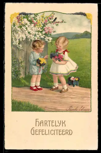 Künstler-AK Pauli Ebner: Kleine Gratulantin mit Blümchen