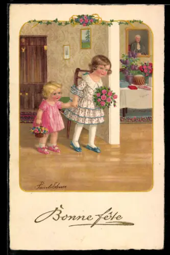 Künstler-AK Pauli Ebner: Kinder mit Blumen kommen zum Gratulieren