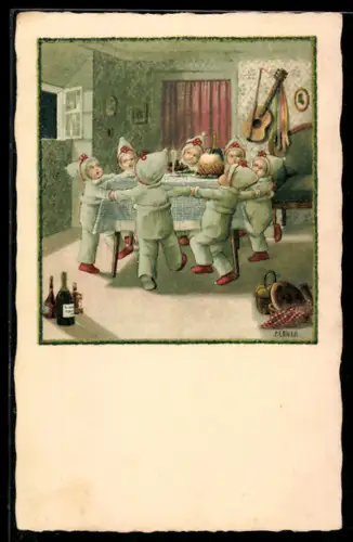 Künstler-AK Pauli Ebner: Kinder tanzen um einen gedeckten Tisch