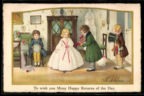 Künstler-AK Pauli Ebner: Gäste überbringen Geschenke und Gratulationen