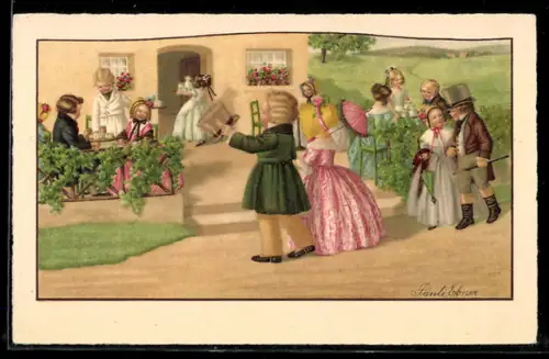 Künstler-AK Pauli Ebner: Besucher auf einem Gartenfest