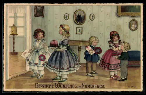Künstler-AK Pauli Ebner: Kinder bringen viele Blumen zum Namenstag
