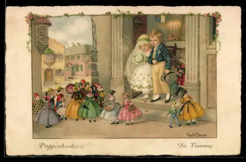Künstler-AK Pauli Ebner: Hochzeitspaar und Puppen
