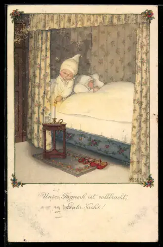 Künstler-AK Pauli Ebner: Knabe löscht die Kerze, unser Tagwerk ist vollbracht