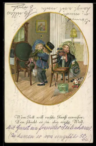 Künstler-AK Pauli Ebner: Spielende Kinder als Postbote und Puppenmutter