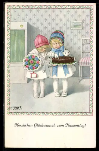 Künstler-AK Pauli Ebner: Mädchen bringen Kuchen und Blumen