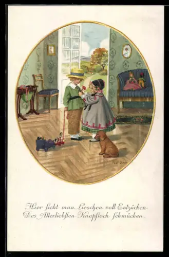 Künstler-AK Pauli Ebner: Lieschen steckt ihrem Liebsten eine Blume ins Knopfloch