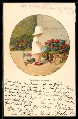 Künstler-AK Pauli Ebner: Mädchen giesst Blumen und Puppen, Kaltwasserkur
