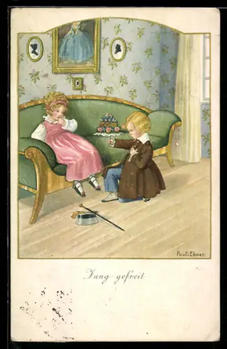 Künstler-AK Pauli Ebner: Kinder spielen einen Heiratsantrag nach