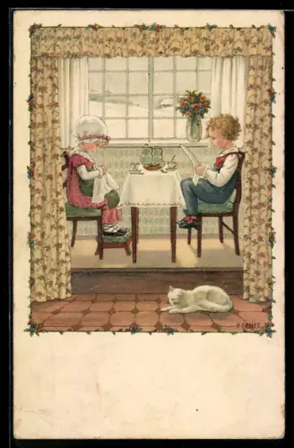 Künstler-AK Pauli Ebner: Kinder am Frühstückstisch mit weisser Katze