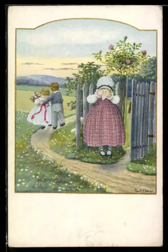 Künstler-AK Pauli Ebner: Kind weint am Gartenzaun & anderes Kinderpaar zieht von dannen
