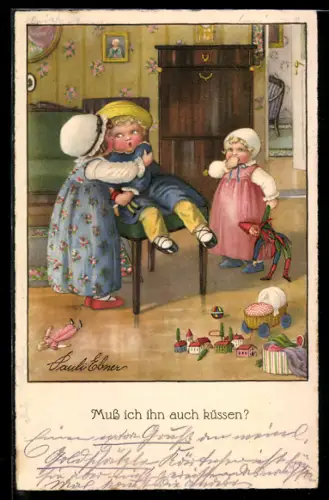 Künstler-AK Pauli Ebner: Mädchen küsst kleinen Jungen zur Begrüssung