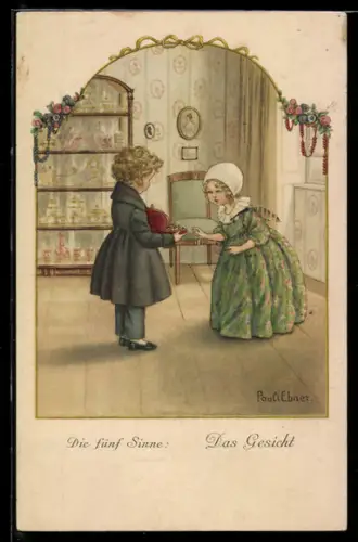 Künstler-AK Pauli Ebner: Die fünf Sinne, Das Gesicht, junge Dame freut sich über ein Geschenk