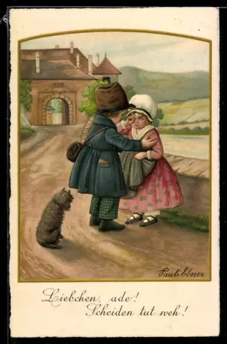 Künstler-AK Pauli Ebner: Junges Paar verabschiedet sich unter Tränen