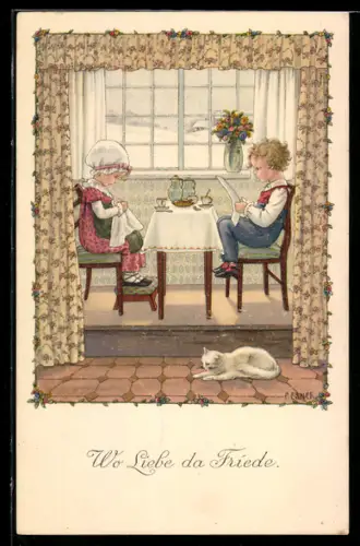 Künstler-AK Pauli Ebner: Kinder am Frühstückstisch mit weisser Katze