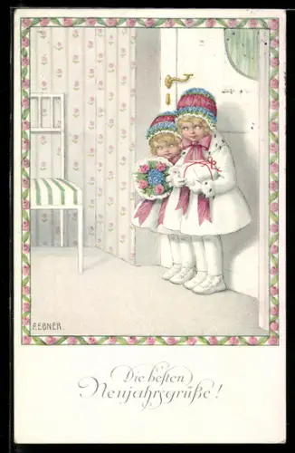 Künstler-AK Pauli Ebner: Mädchen stehen mit Geschenken an der Tür, Neujahr