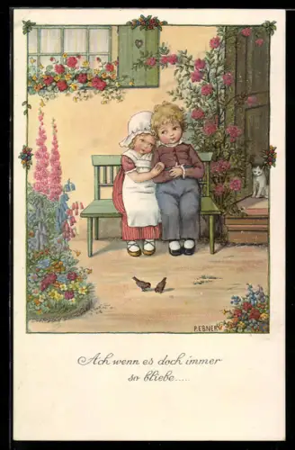 Künstler-AK Pauli Ebner: Blondes Kinder-Paar auf der Bank