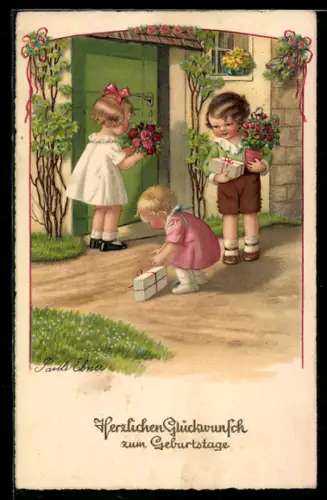 Künstler-AK Pauli Ebner: Kinder mit Geschenken vor der Tür, Geburtstagsgruss