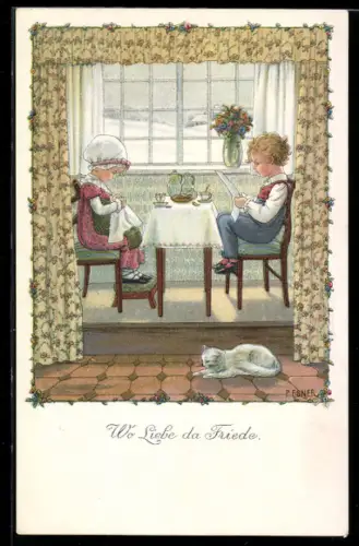 Künstler-AK Pauli Ebner: Kinder am Frühstückstisch mit weisser Katze