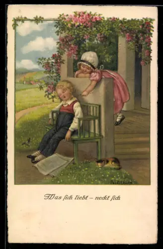 Künstler-AK Pauli Ebner: Was sich liebt-neckt sich, Mädchen kitzelt ihren schlafenden Freund