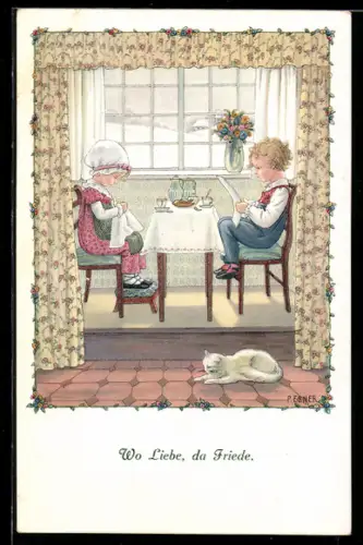 Künstler-AK Pauli Ebner: Kinder am Frühstückstisch mit weisser Katze