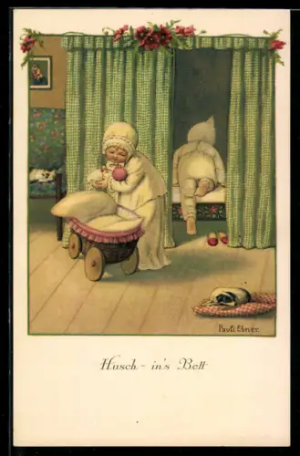 Künstler-AK Pauli Ebner: Husch - in`s Bett, Mädchen bringt ihre Puppe ins Bett