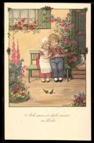 Künstler-AK Pauli Ebner: junges Paar auf einer Bank vorm Haus sitzend