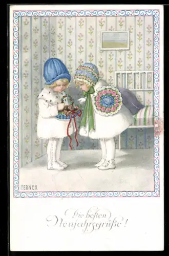 Künstler-AK Pauli Ebner: Neujahrsgrüsse, Mädchen mit Blumen