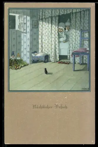 Künstler-AK Pauli Ebner: Maus nacht vor dem Bett der Kinder