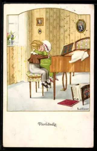 Künstler-AK Pauli Ebner: Vierhändig, küssendes Paar am Klavier