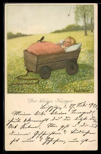 Künstler-AK Pauli Ebner: Baby im Holzwagen auf einer Wiese