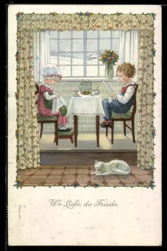 Künstler-AK Pauli Ebner: Kinder am Frühstückstisch mit weisser Katze