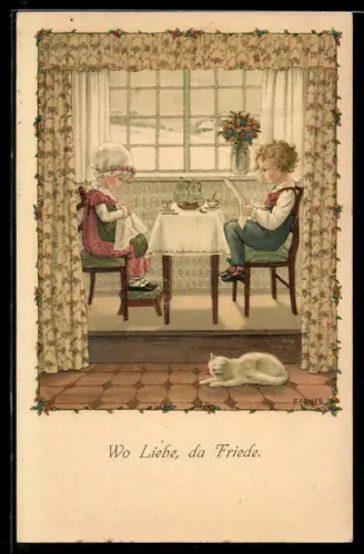 Künstler-AK Pauli Ebner: Kinder am Frühstückstisch mit weisser Katze