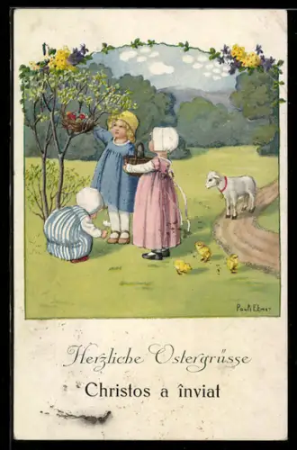 Künstler-AK Pauli Ebner: Drei Mädchen mit Osternest im Baum, Ostergruss