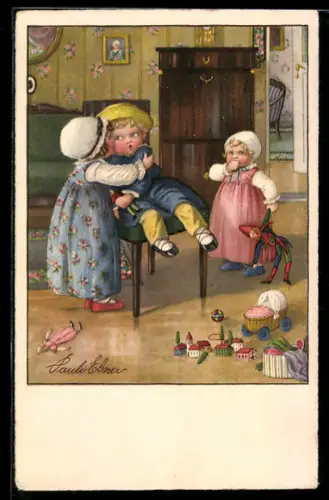 Künstler-AK Pauli Ebner: Mädchen küsst einen Jungen auf die Wange